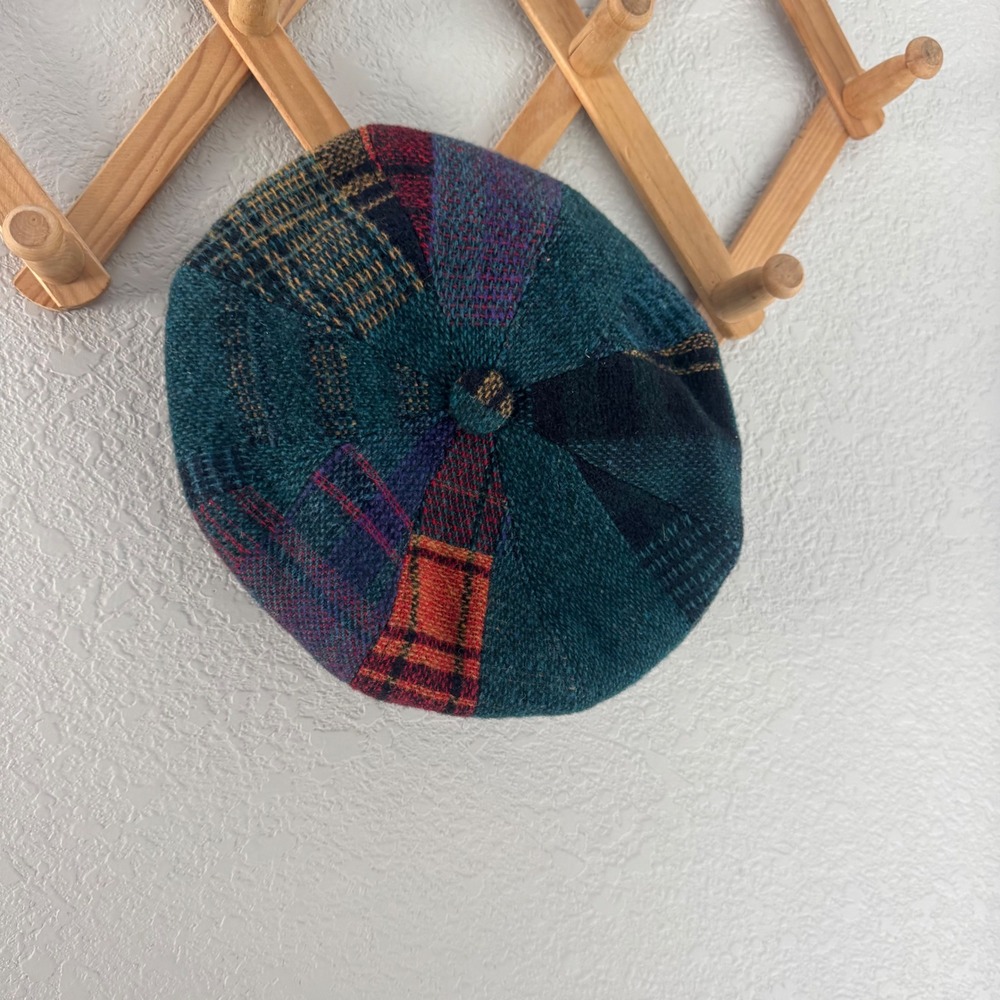 Marco Polo 100% Wool Patchwork Plaid Beret Hat Made in Italy Teal Green Multi M